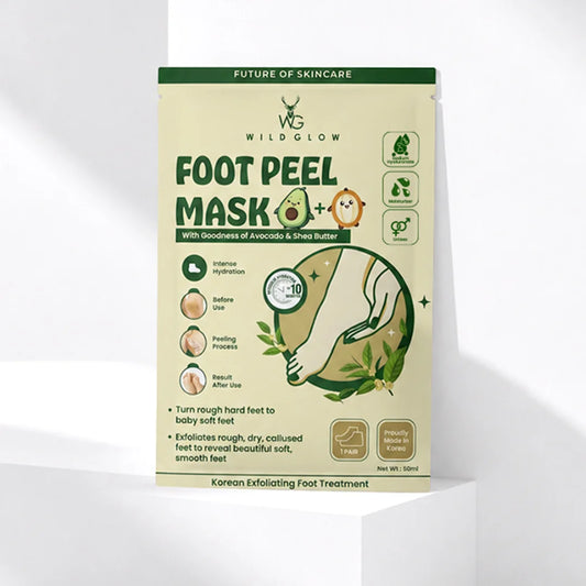 A package of Wild Glow Foot Peel Mask stands upright on a white pedestal against a light gray background. The packaging is cream-colored with green text and illustrations, featuring a hand graphic and product benefits.