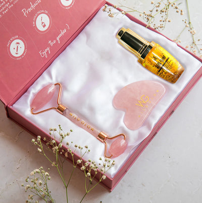 Rose Quartz Roller & Gua Sha Set + 24K Serum for Glow & Lift