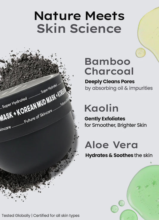 Korean mud mask with bamboo charcoal, kaolin, and aloe vera ingredients on a light gray background.