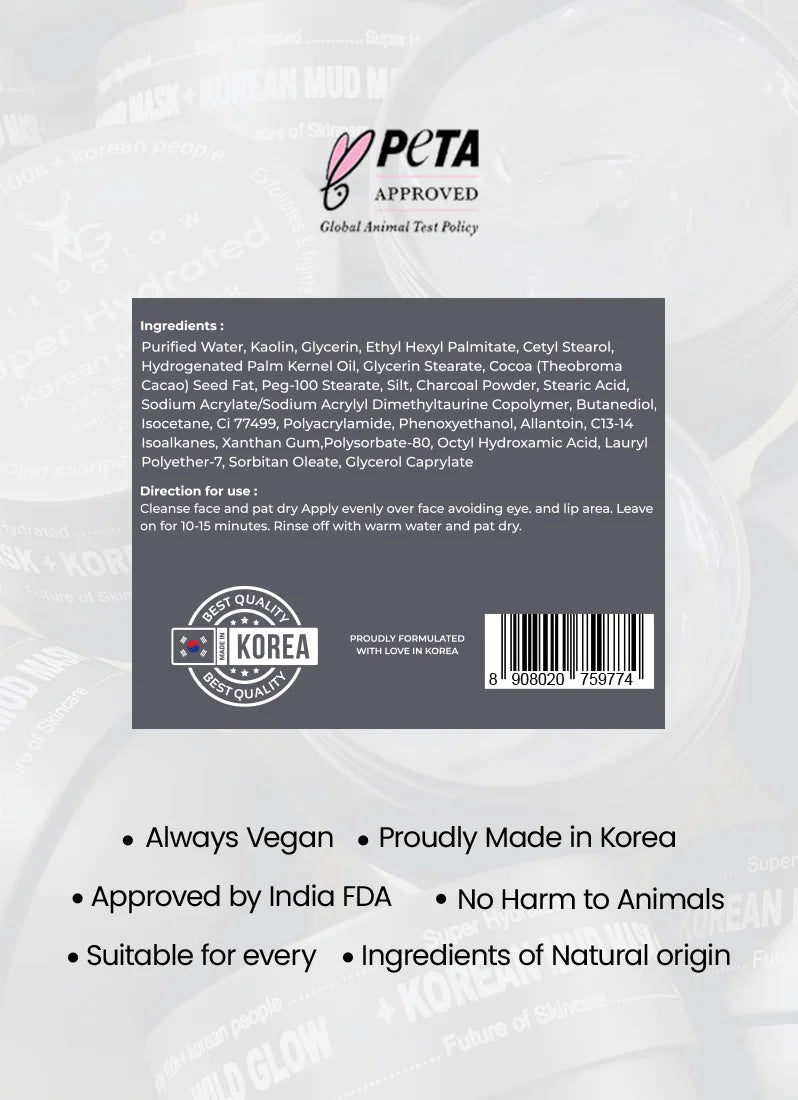 Product label with PETA approval, South Korea quality mark, and ingredient list on a white background.