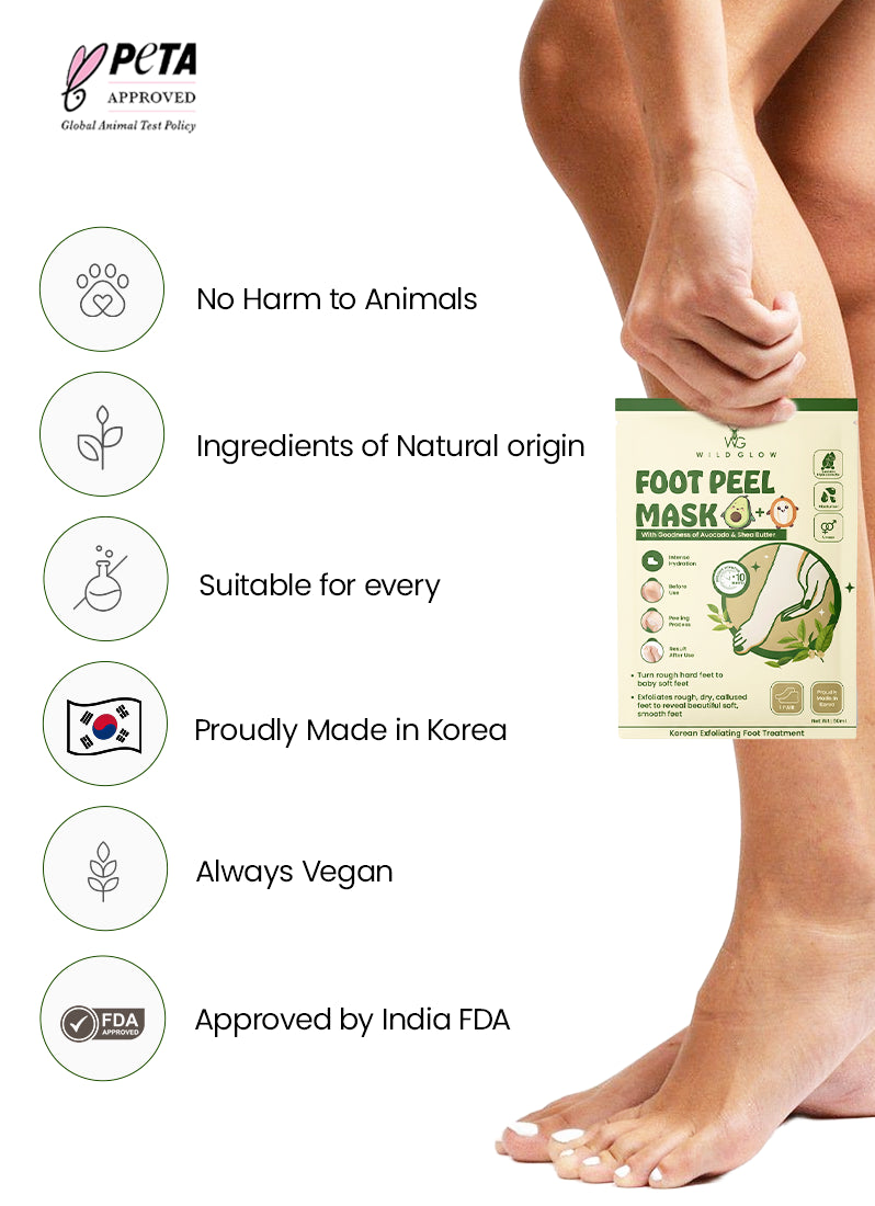Foot peel mask packaging with a hand holding it, on a white background with PETA approval and product features listed.