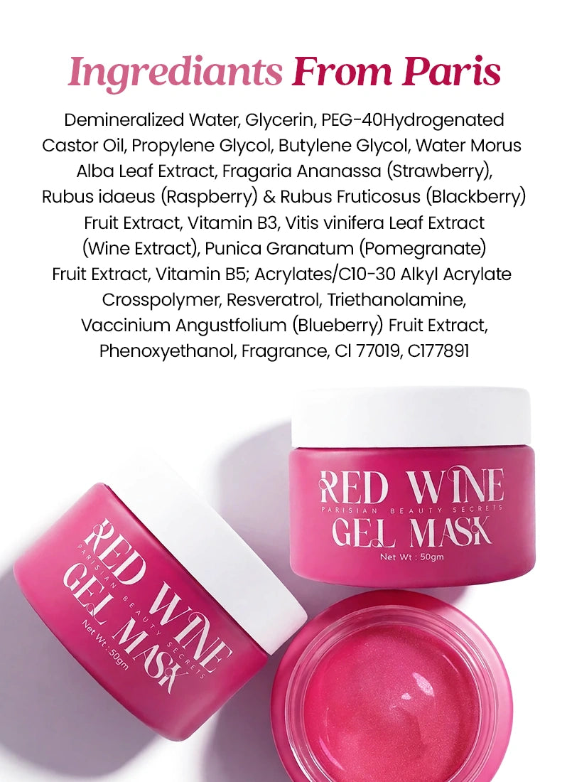 Red Wine Gel Mask with ingredients list on a white background