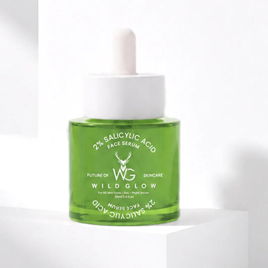 A green glass dropper bottle of Future of WG Wild Glow 22% Salicylic Acid Face Serum, displayed on a white geometric pedestal against a clean white background.