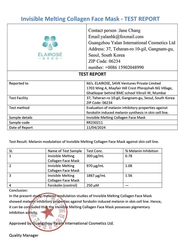 Test report for Invisible Melting Collagen Face Mask with 'Seal of Trust' text on a white background