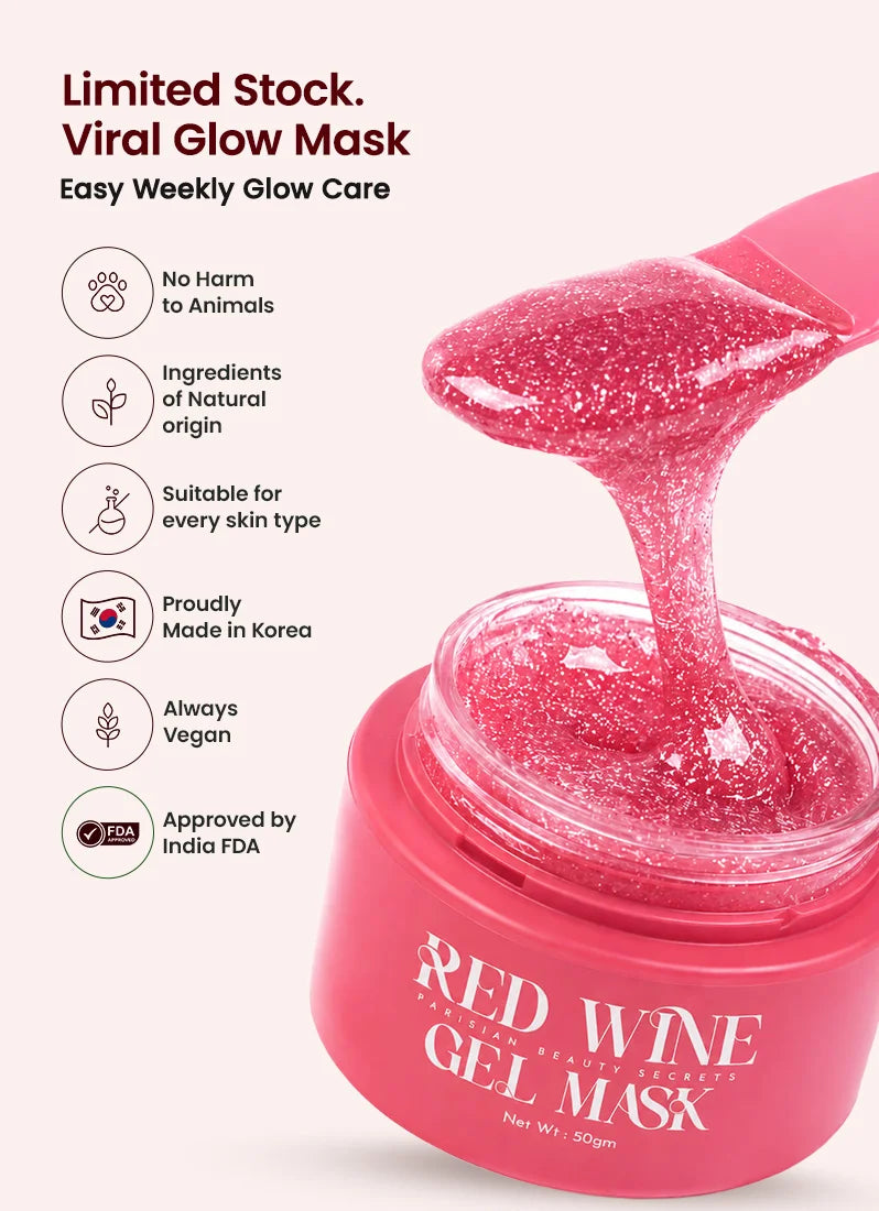 Pink gel mask in a container with product details on a white background