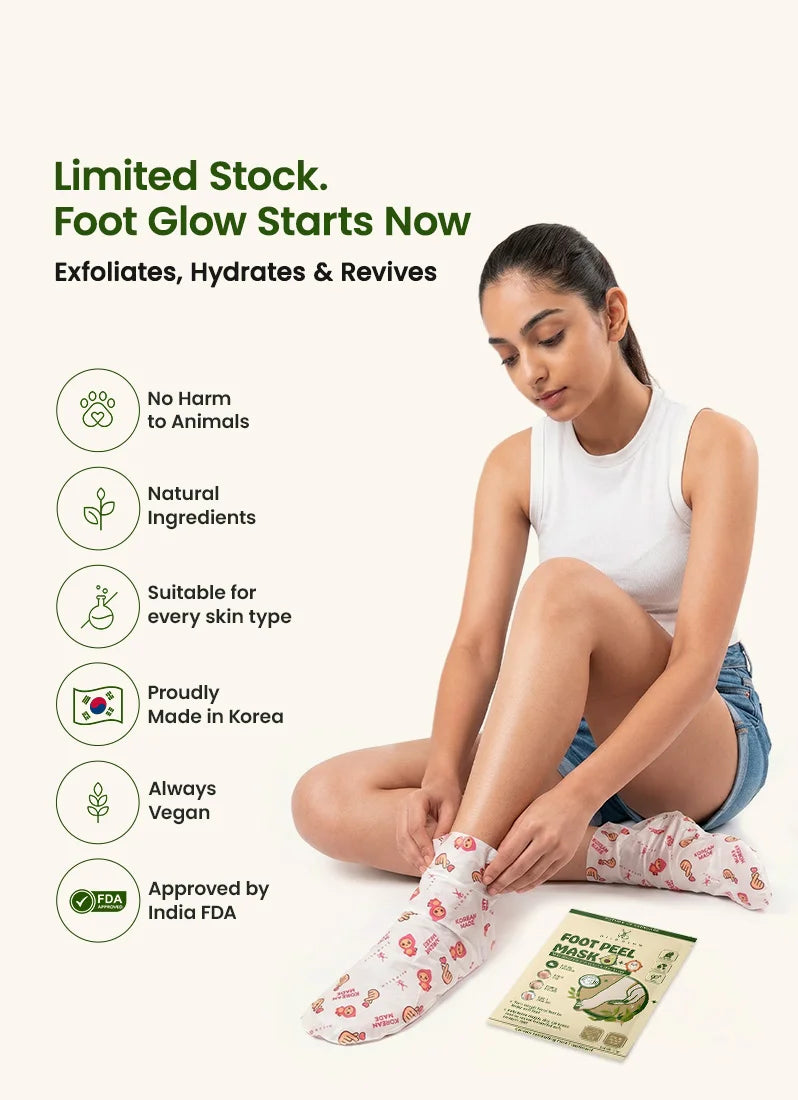 Woman applying foot cream with product packaging on a white background
