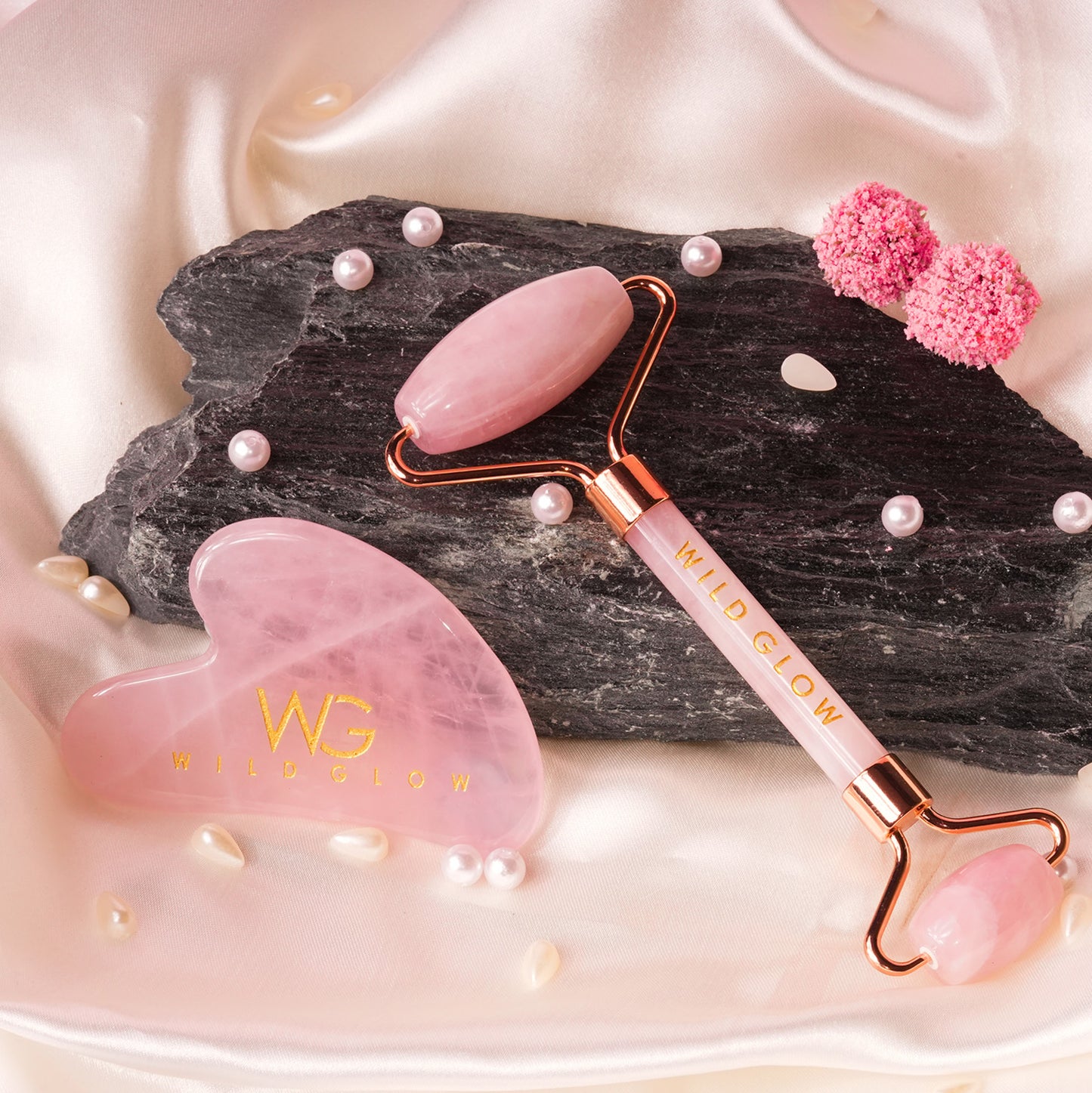 Brazilian Rose Quartz Face Roller + Gua Sha Set For Contoured Look & Youthful Skin