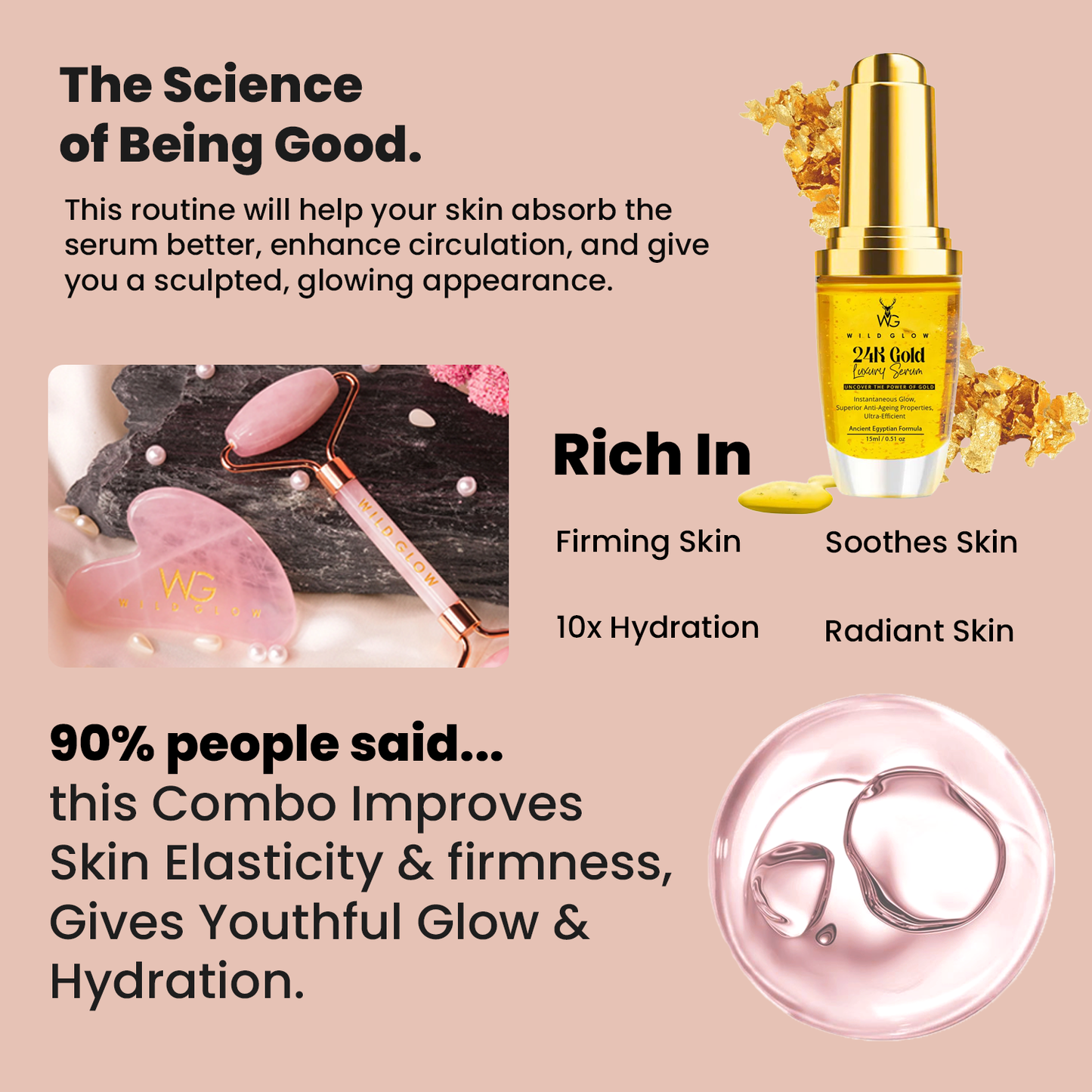 Rose Quartz Roller & Gua Sha Set + 24K Serum for Glow & Lift