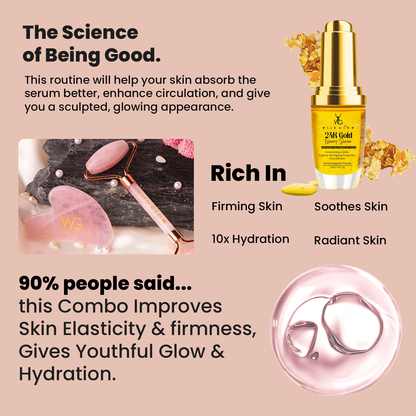 Rose Quartz Roller & Gua Sha Set + 24K Serum for Glow & Lift