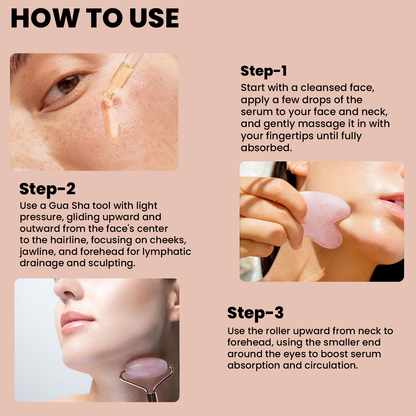 Rose Quartz Roller & Gua Sha Set + 24K Serum for Glow & Lift