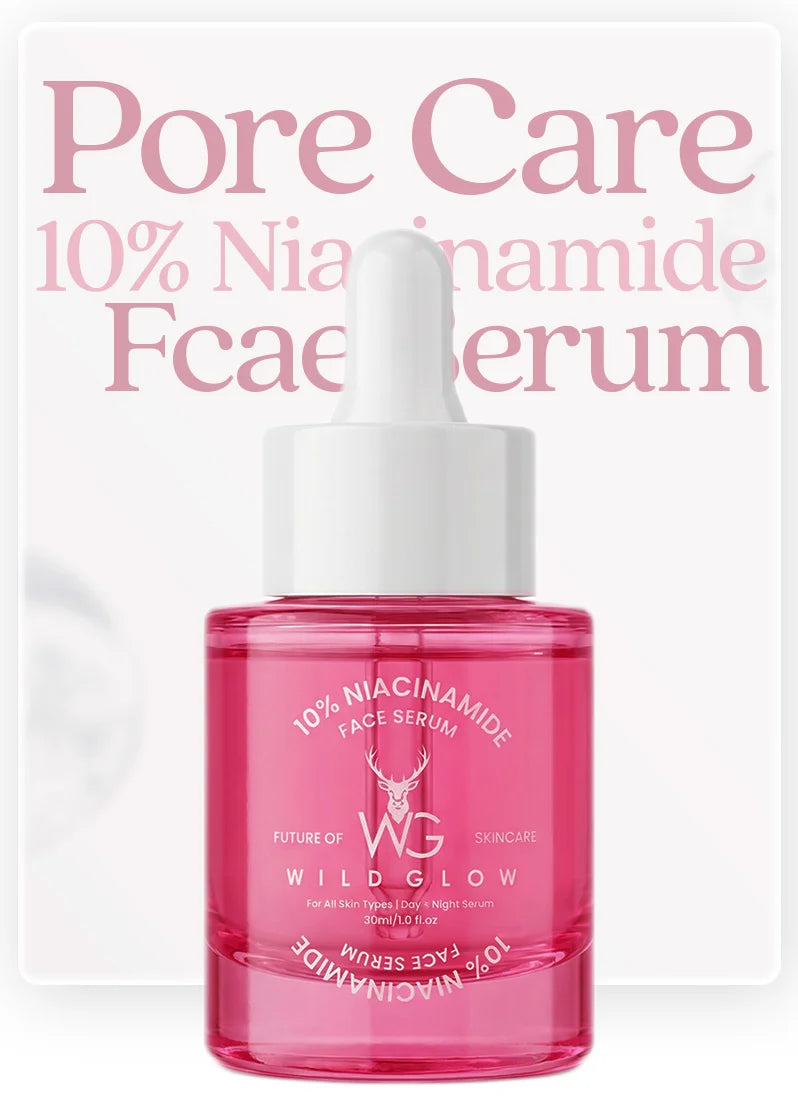 Pink serum bottle with dropper labeled 'Pore Care 10% Niacinamide Face Serum' by Wild Glow on a light pink background.