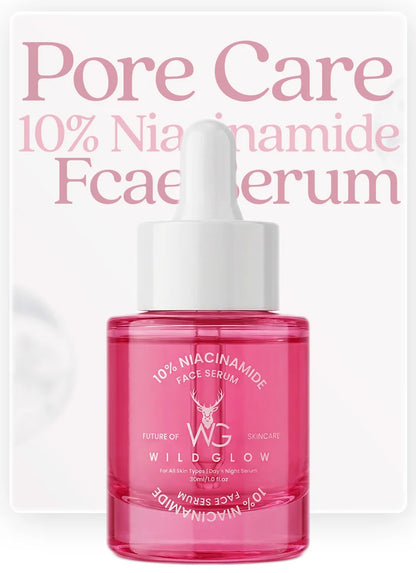 Pink serum bottle with dropper labeled 'Pore Care 10% Niacinamide Face Serum' by Wild Glow on a light pink background.