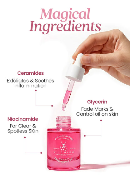 Pink skincare serum bottle with dropper and text about ingredients on a white background