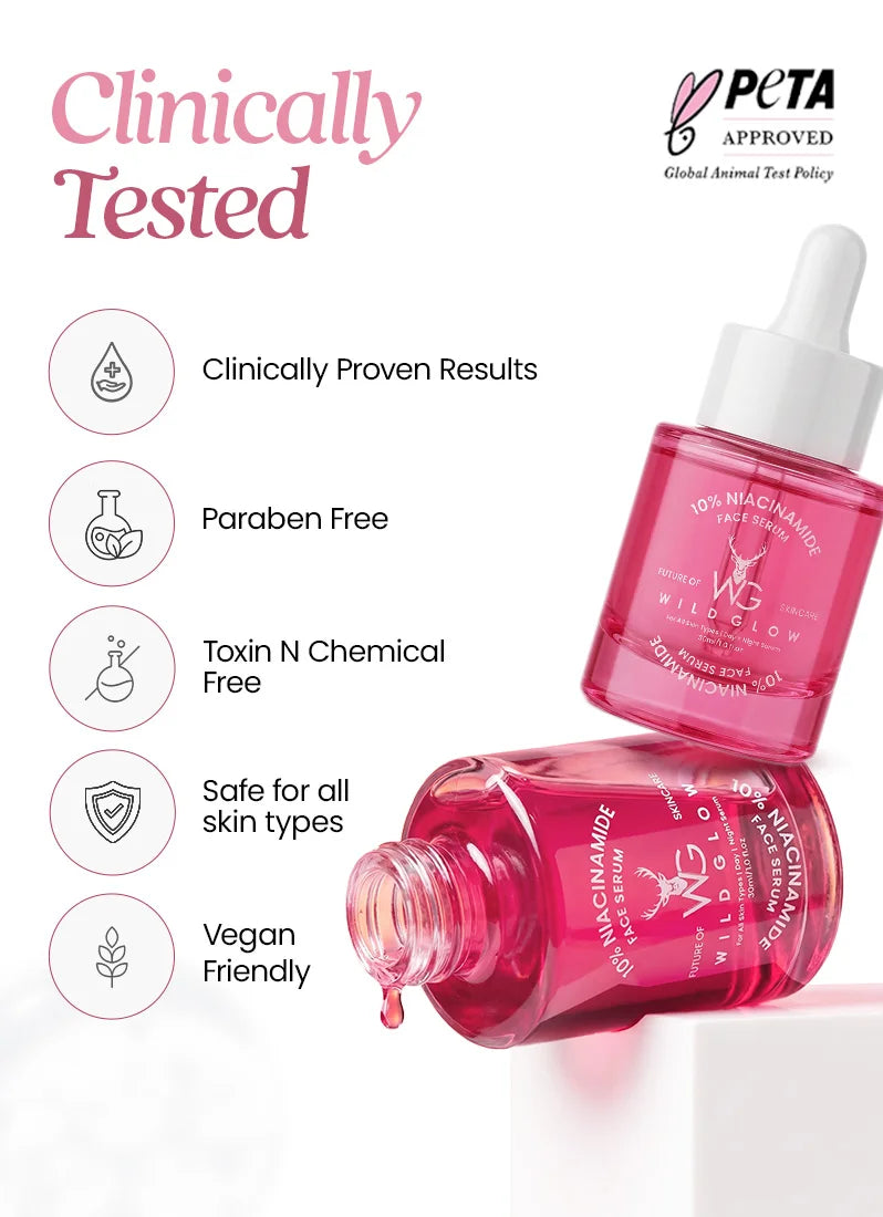 Pink skincare serum bottles with PETA approval logo and listed benefits on a white background
