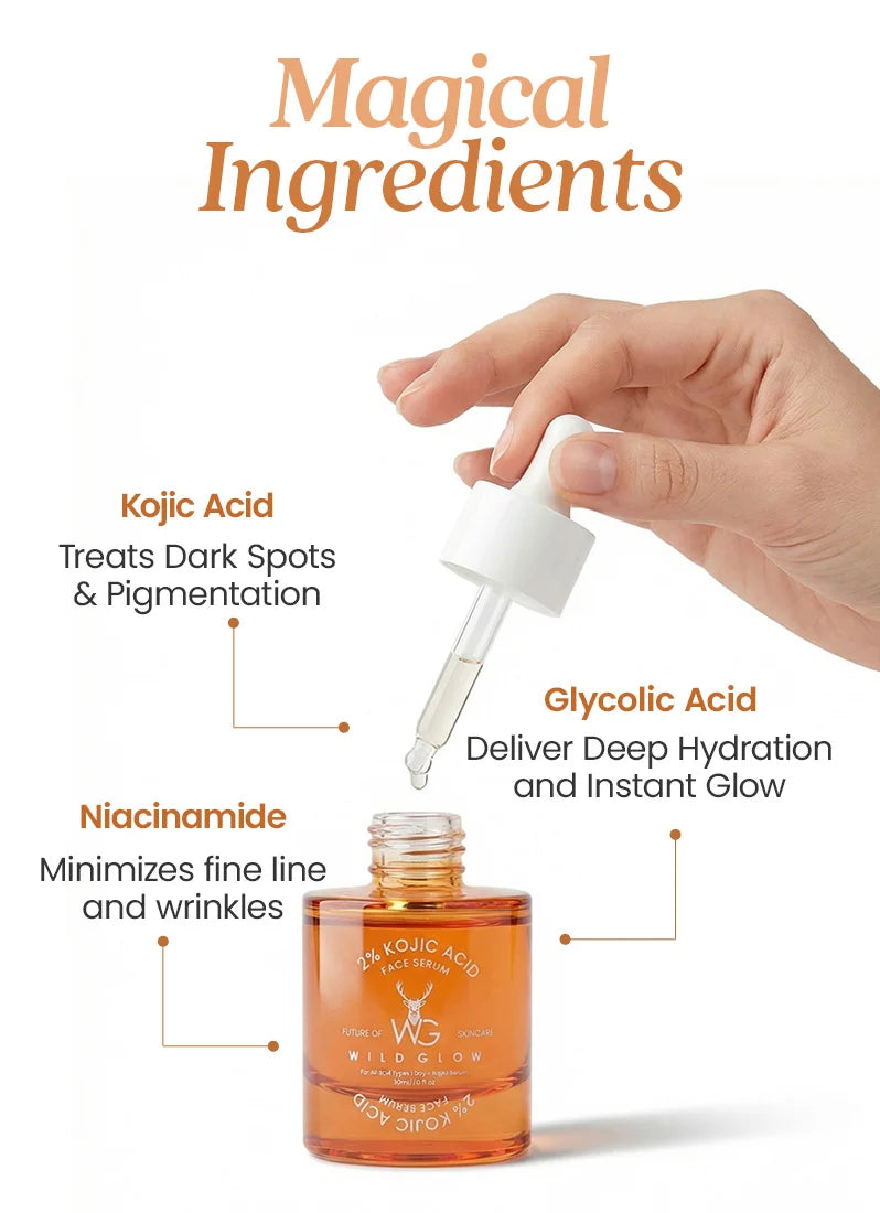 Hand holding a dropper over a bottle of skincare product with text on ingredients and benefits.
