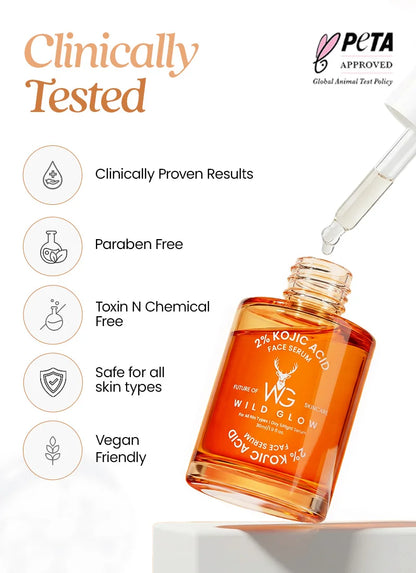 Orange skincare serum bottle with dropper, PETA approval logo, and listed benefits on a white background.