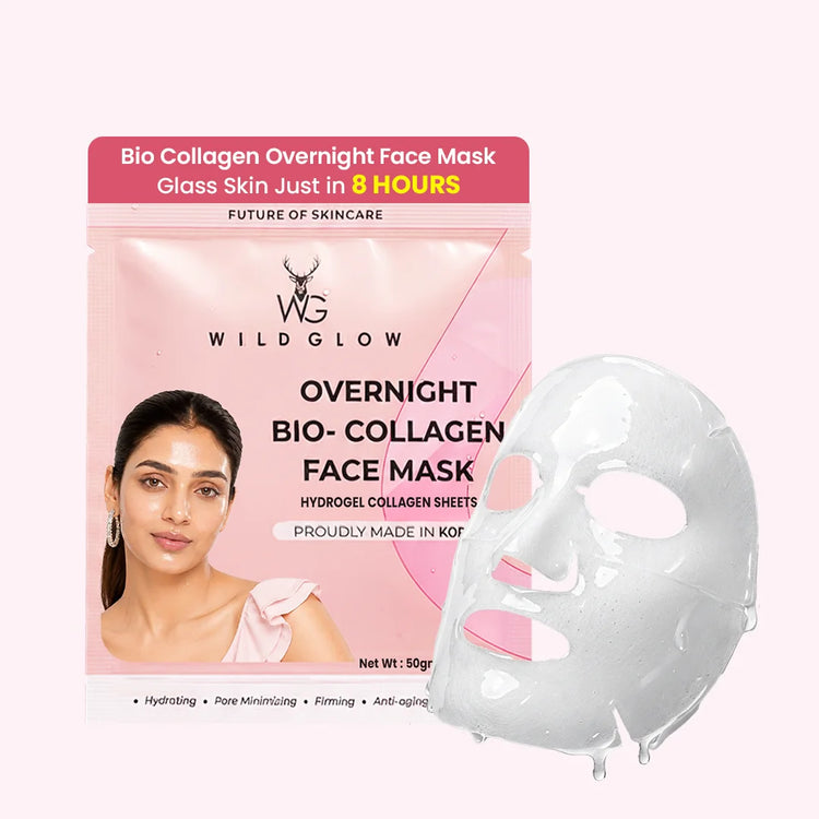 Wild Glow Overnight Bio-Collagen Face Mask packaging shown next to a translucent hydrogel collagen sheet mask on a plain white background.