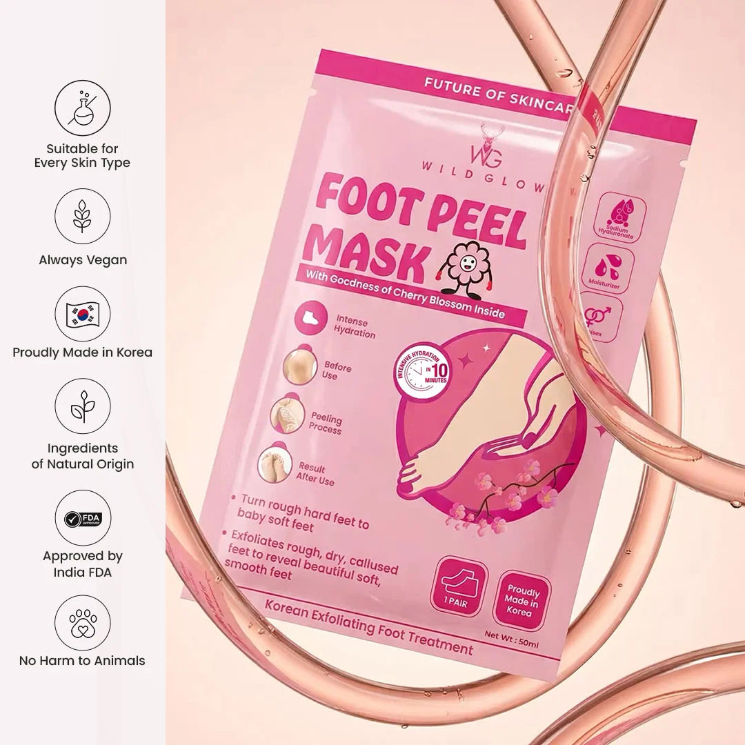 A pink pouch of Wild Glow Foot Peel Mask is shown on a peach background with decorative rose-gold curved tubes. The left side features a vertical list of product benefits in English.