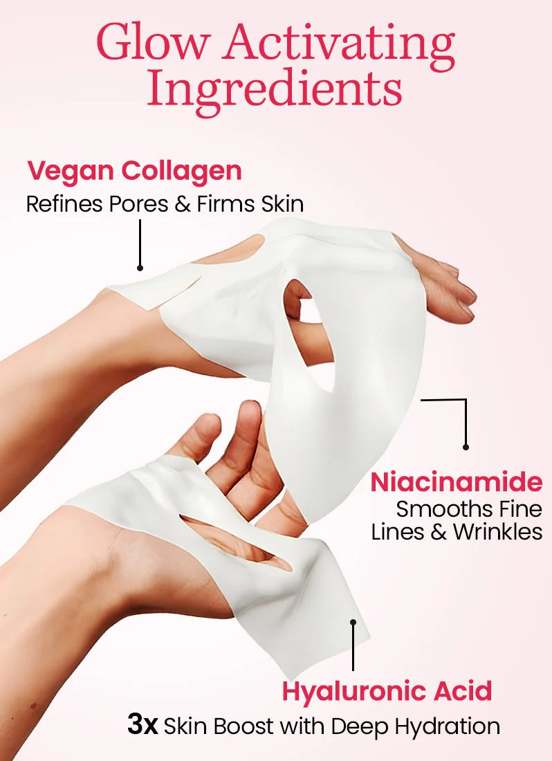 Product packaging with hands holding a white sheet mask, labeled with 'Glow Activating Ingredients' and text about vegan collagen, niacinamide, and hyaluronic acid.