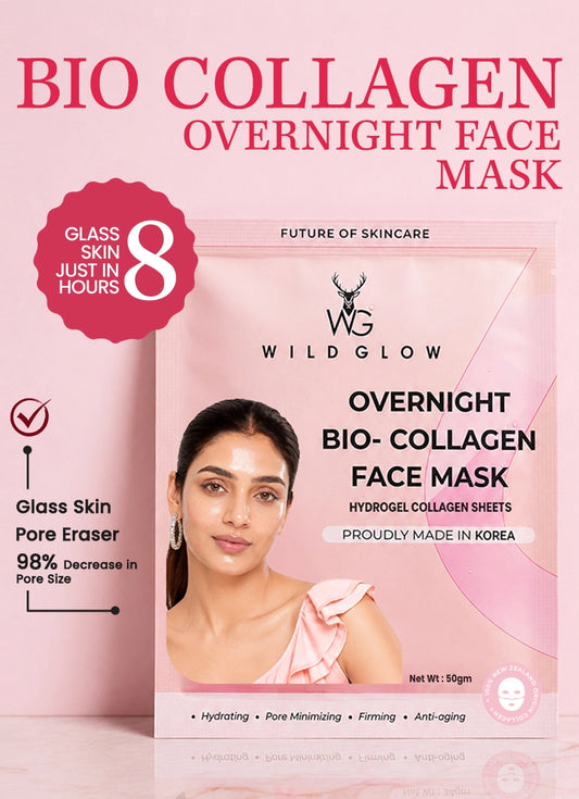 Wild Glow Overnight Bio-Collagen Face Mask packaging with a woman's face on a pink background