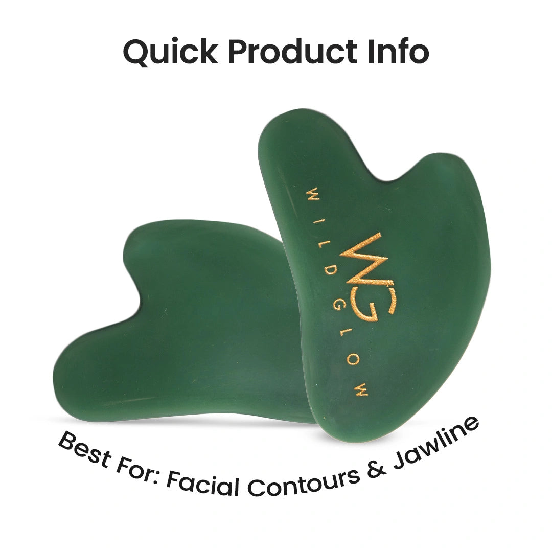Two dark green gua sha facial massage tools with gold 'MILD GLOW' branding, shown on a white background with 'Quick Product Info' and 'Best For: Facial Contours & Jawline' text overlays.