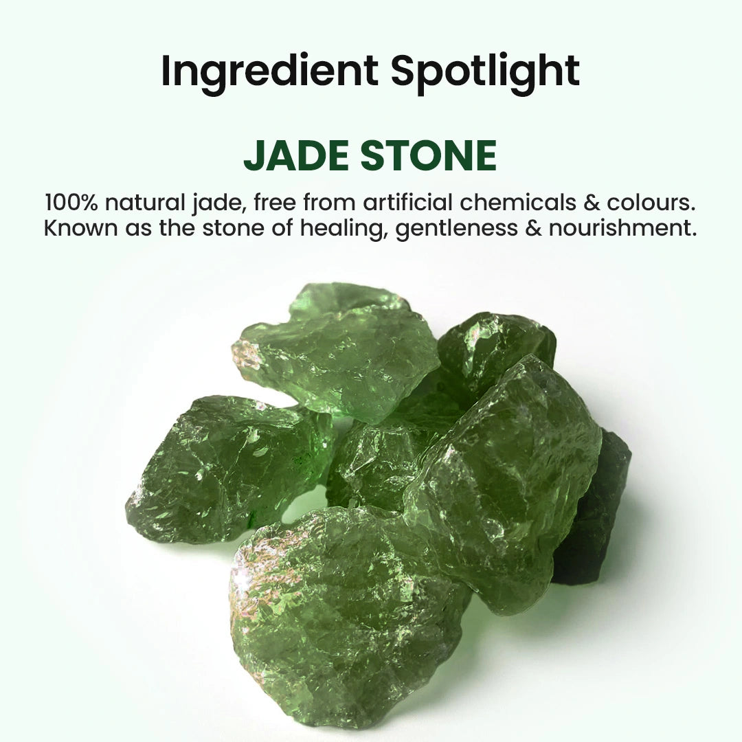 Text reading 'Ingredient Spotlight' and 'JADE STONE' above a pile of rough green jade stones on a pale background.