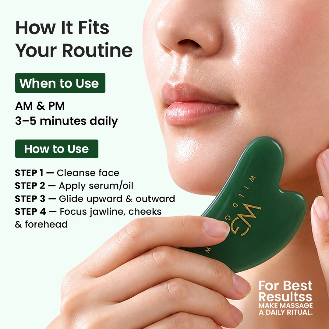 A close-up of a person holding a dark green facial massage tool against their cheek, with text explaining how to use it in AM and PM for 3-5 minutes daily. The text includes steps to cleanse, apply serum/oil, glide upward and outward, and focus on the jawline, cheeks, and forehead.