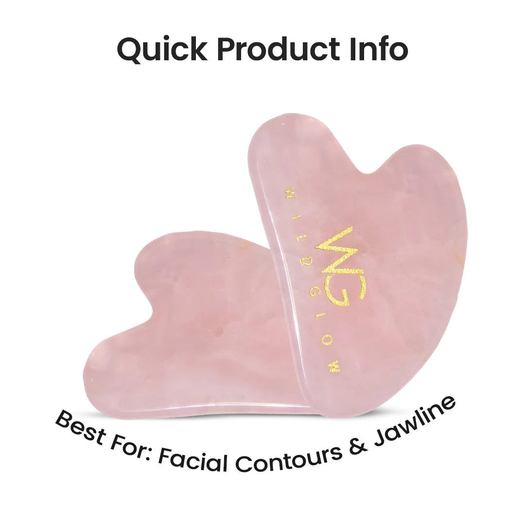 Two pink rose quartz gua sha facial massage tools with gold foil branding, shown on a white background with 'Quick Product Info' and 'Best For: Facial Contours & Jawline' text overlays.