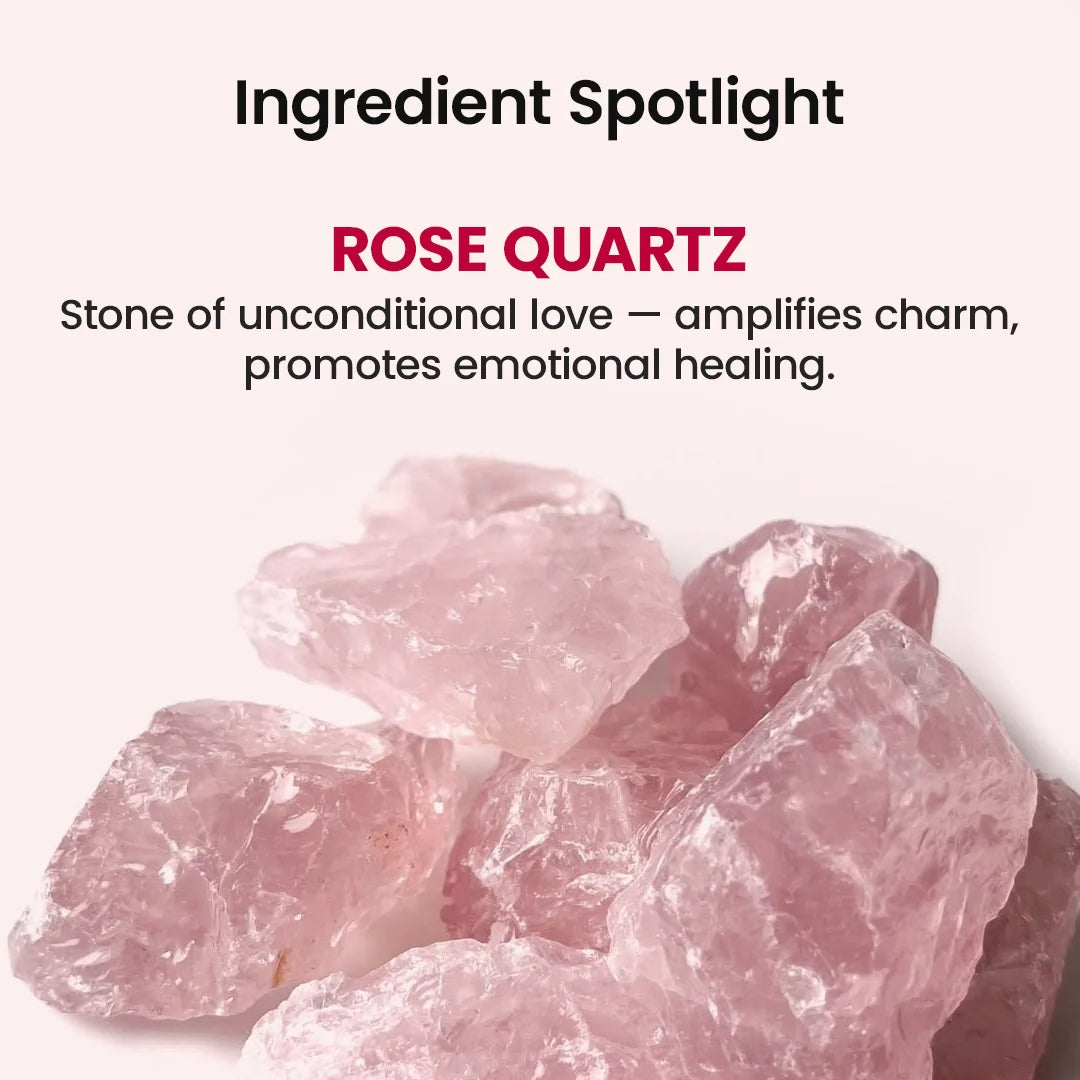 Text graphic reading 'Ingredient Spotlight' and 'ROSE QUARTZ' with a description about the stone, above a cluster of pink rose quartz crystals on a pale pink background.