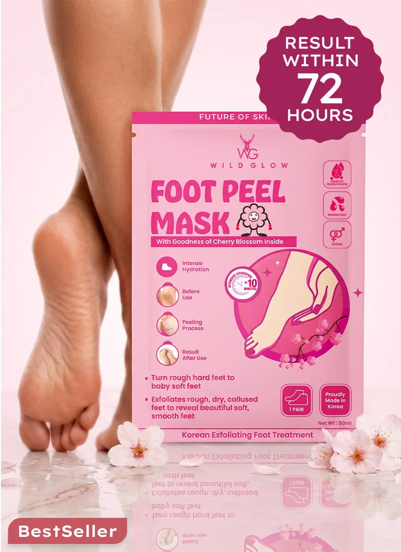 Wildglow Foot Peel Mask packaging with a person's feet and flowers on a pink background