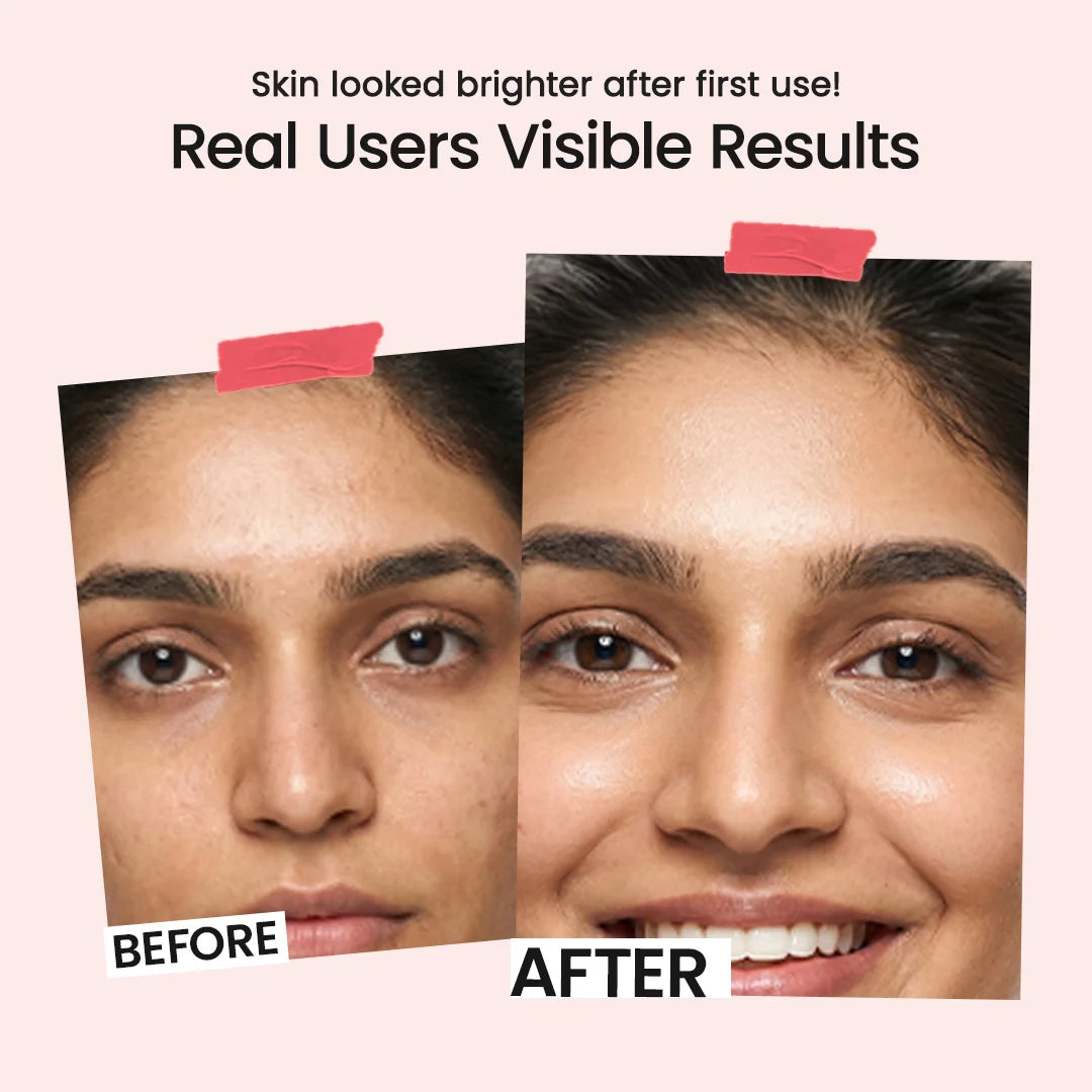 Before-and-after facial skin comparison showing a woman's face with natural skin on the left and smoother, brighter skin on the right, with text reading 'Skin looked brighter after first use! Real Users Visible Results'.