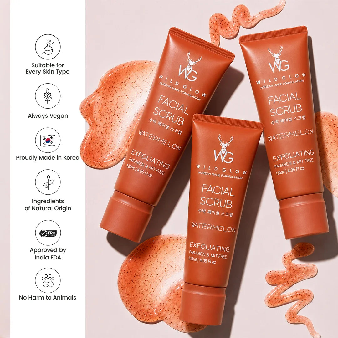Three tubes of Wild Glow Watermelon Exfoliating Facial Scrub arranged on a pale pink background with peach-colored scrub swatches and decorative swirls. A vertical list of product benefits appears along the left side.