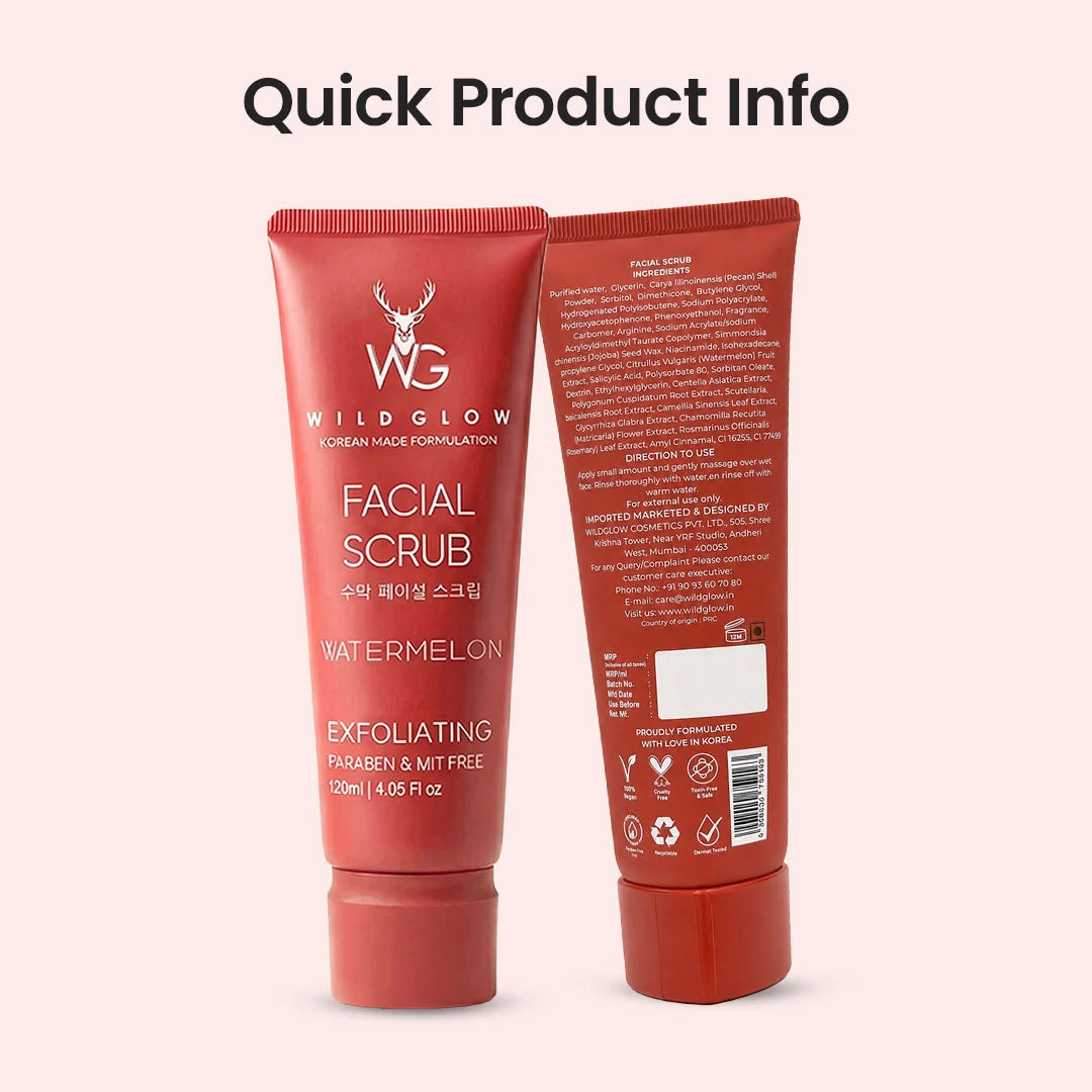 Two red tubes of Wild Glow Facial Scrub Watermelon shown on a white background, one front-facing and one back-facing, with 'Quick Product Info' text above.