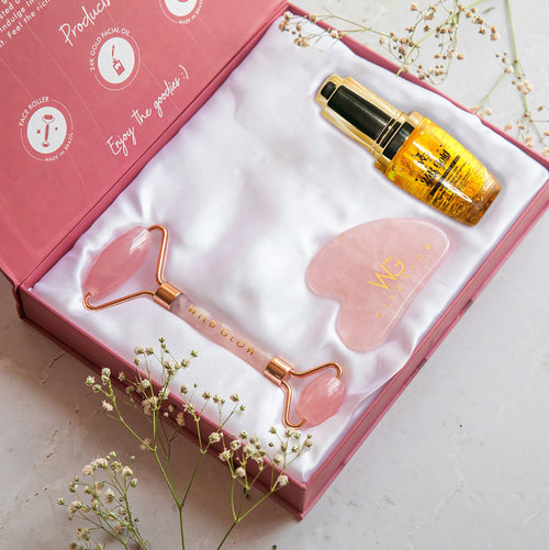 Rose Quartz Roller & Gua Sha Set + 24K Serum for Glow & Lift