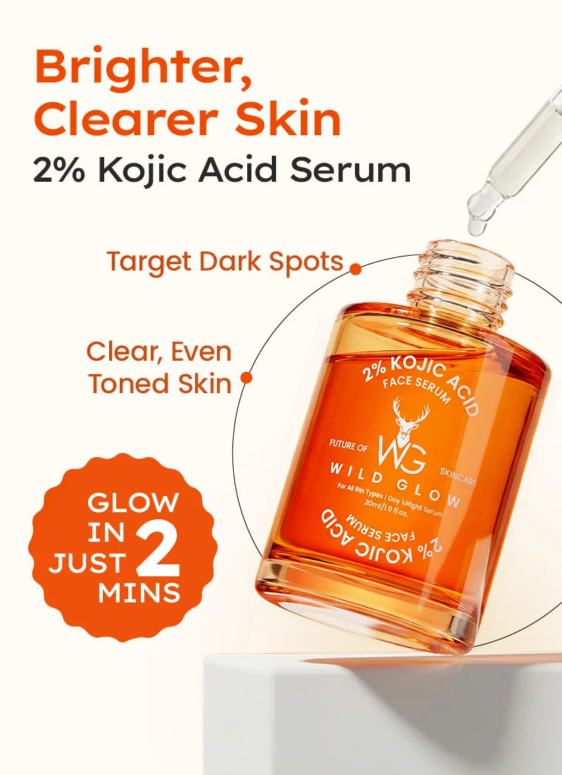 Wild Glow 2% Kojic Acid serum bottle with dropper on a white background