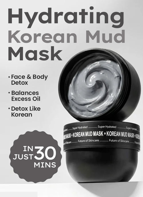 Hydrating Korean mud mask with text on a white background