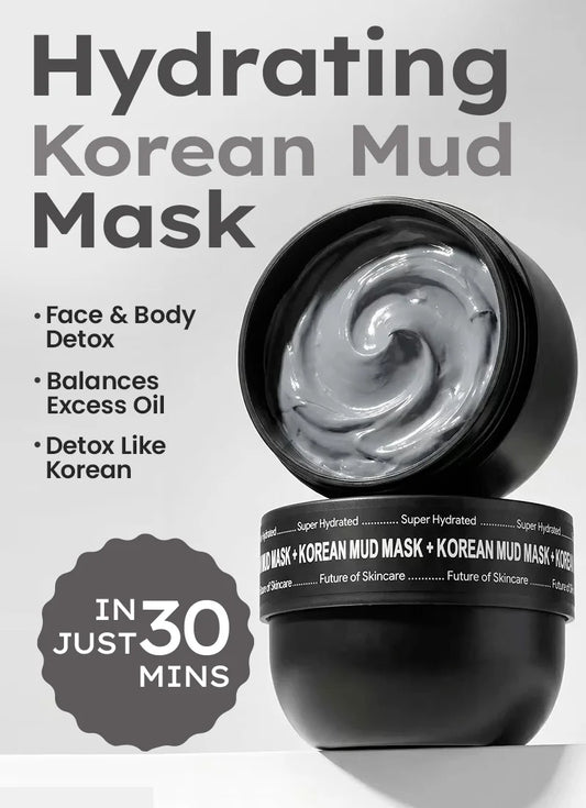Hydrating Korean mud mask with text on a white background
