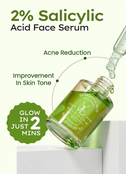 Green bottle of 2% Salicylic Acid Face Serum with dropper on a white background