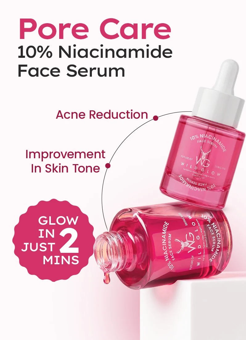 Pink serum bottle with dropper labeled 'Pore Care 10% Niacinamide Face Serum' on a white background.
