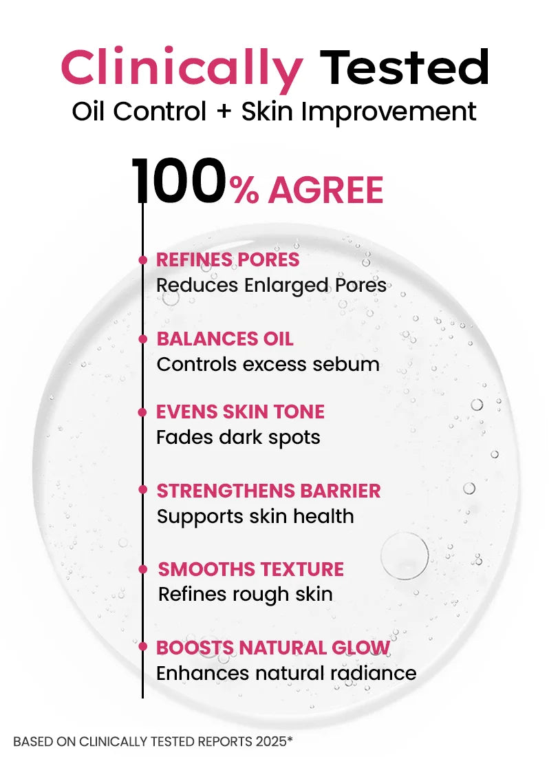 Product packaging with text on oil control and skin improvement, featuring a white background with pink and black text.