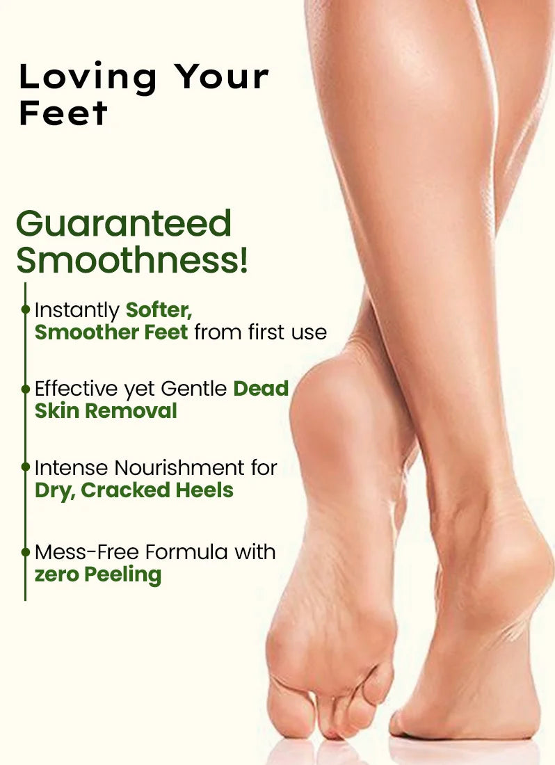 Advertisement for foot care product with text and a close-up of legs.