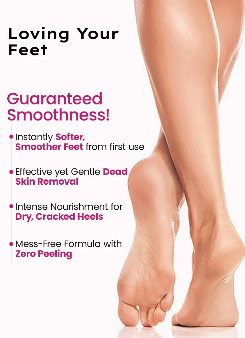 Advertisement for foot care product with smooth legs and text highlighting benefits.