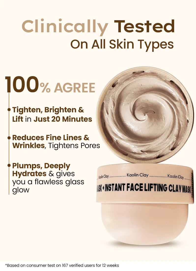 Clay face mask with text highlighting its benefits on a white background