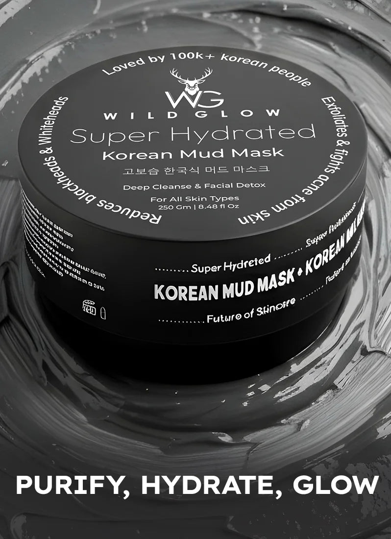 Wild Glow Super Hydrated Korean Mud Mask packaging with text on a dark background
