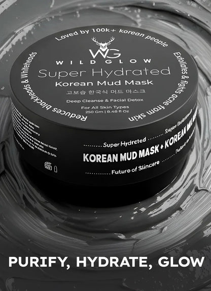 Wild Glow Super Hydrated Korean Mud Mask packaging with text on a dark background