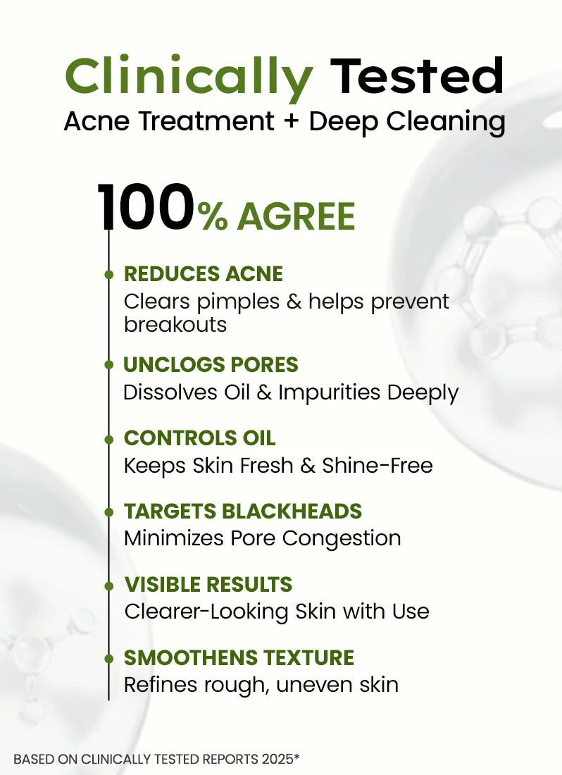 Acne treatment and deep cleaning product with text highlighting benefits