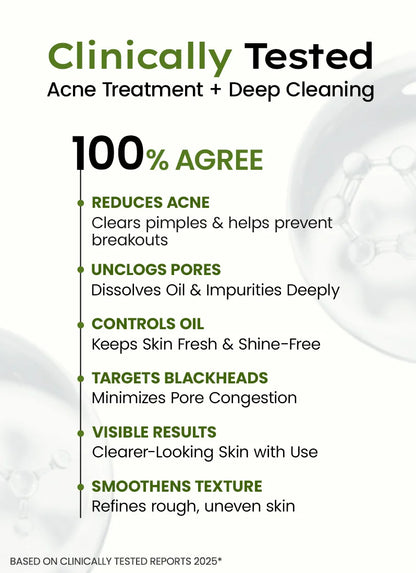 Acne treatment and deep cleaning product with text highlighting benefits