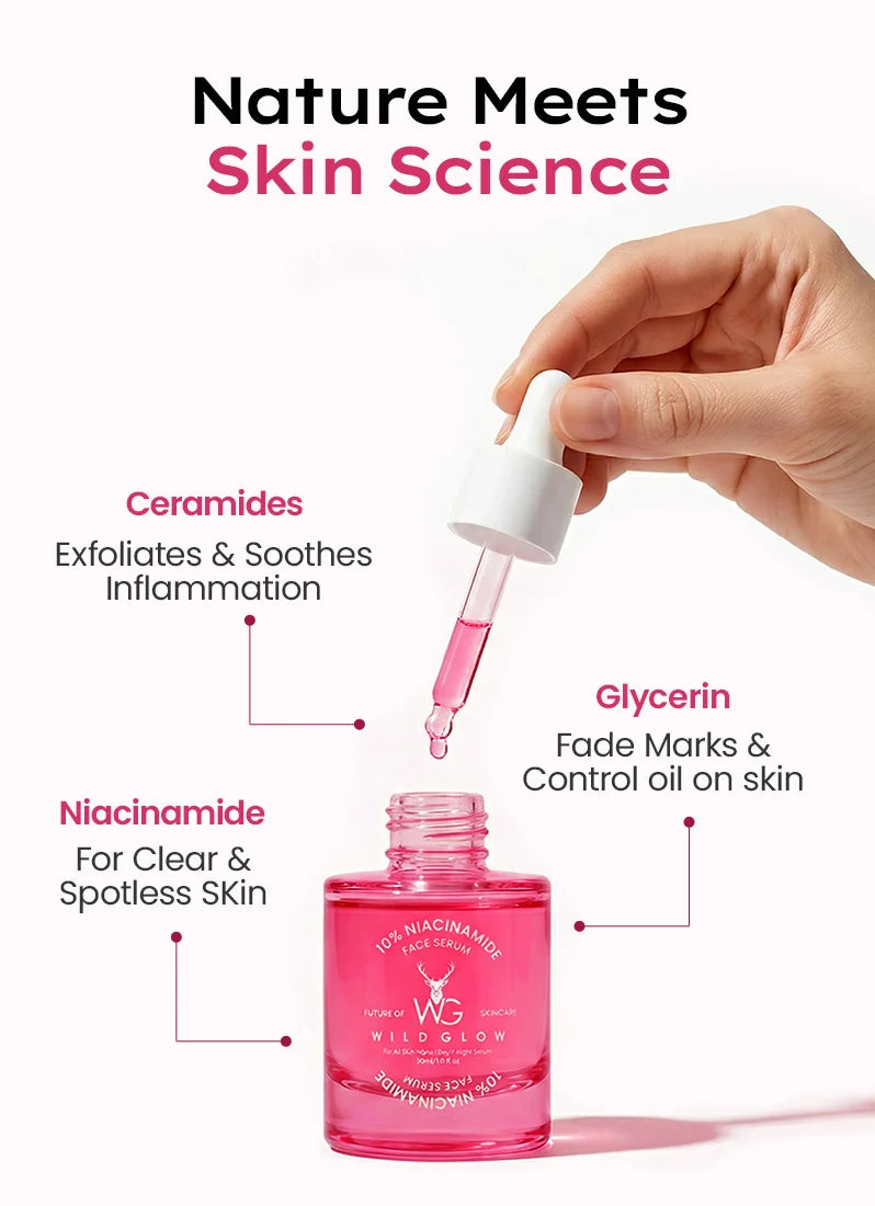 Pink skincare dropper bottle with text highlighting ingredients and benefits on a white background