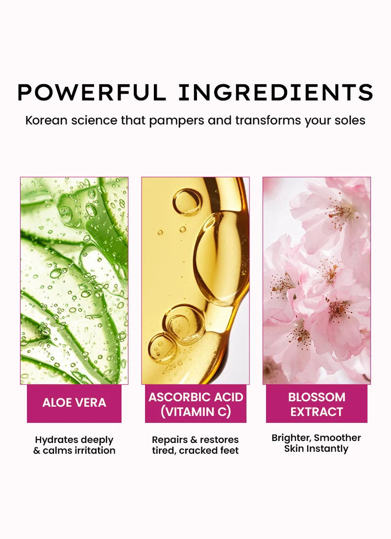 Product advertisement with aloe vera, ascorbic acid, and blossom extract images and descriptions.