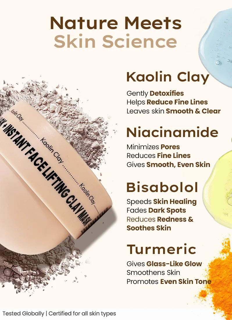 Kaolin Clay product with text highlighting its benefits and ingredients on a white background.